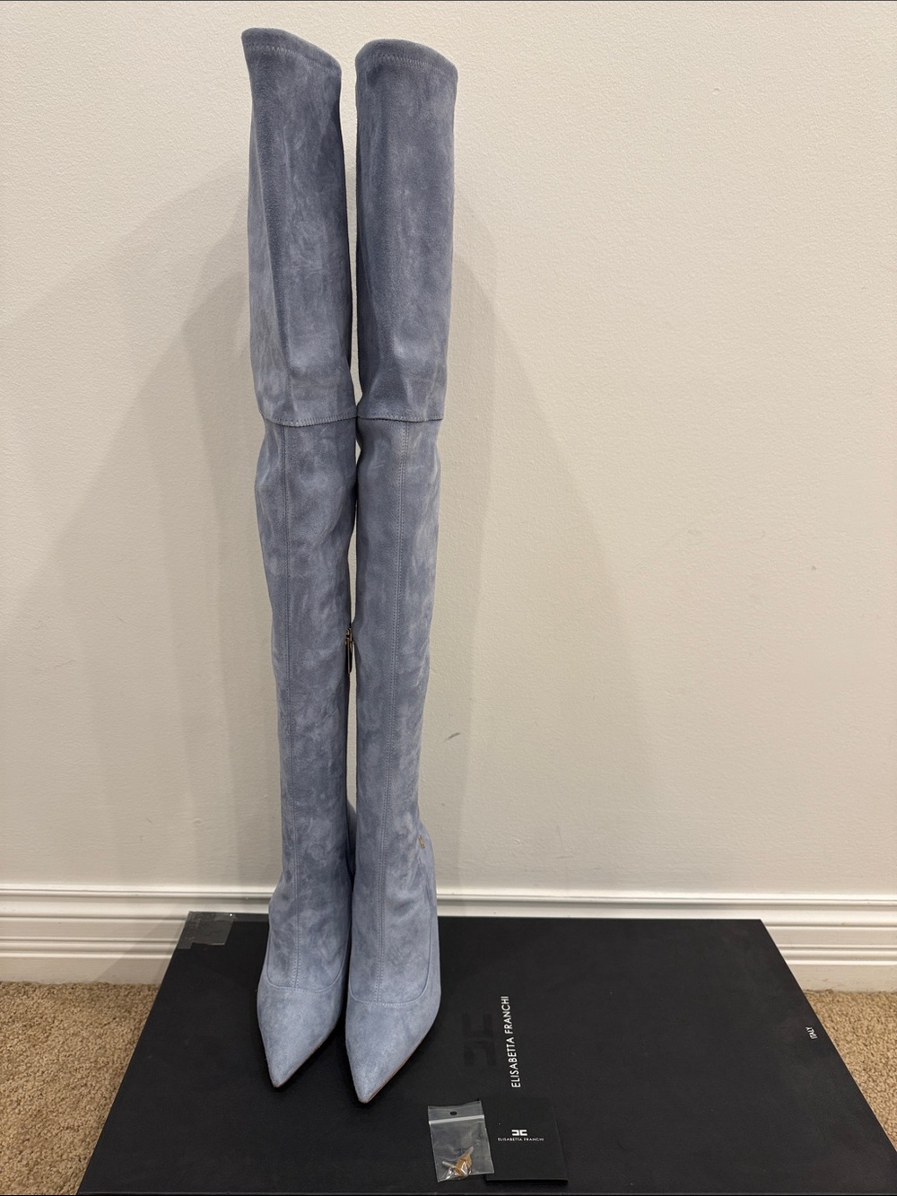 Elisabetta Franchi Ice Blue Stretch Suede Over The Knee Boots EU 37 NWT - Picture 5 of 11